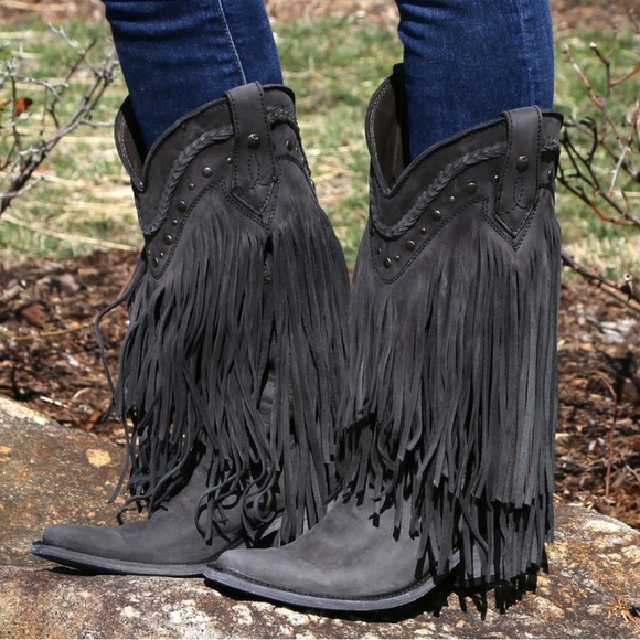 Womens Black Grey SUEDE Leather  VEGAS MORO Snip Toe FRINGE Western COWBOY BOOTS - Picture 1 of 11